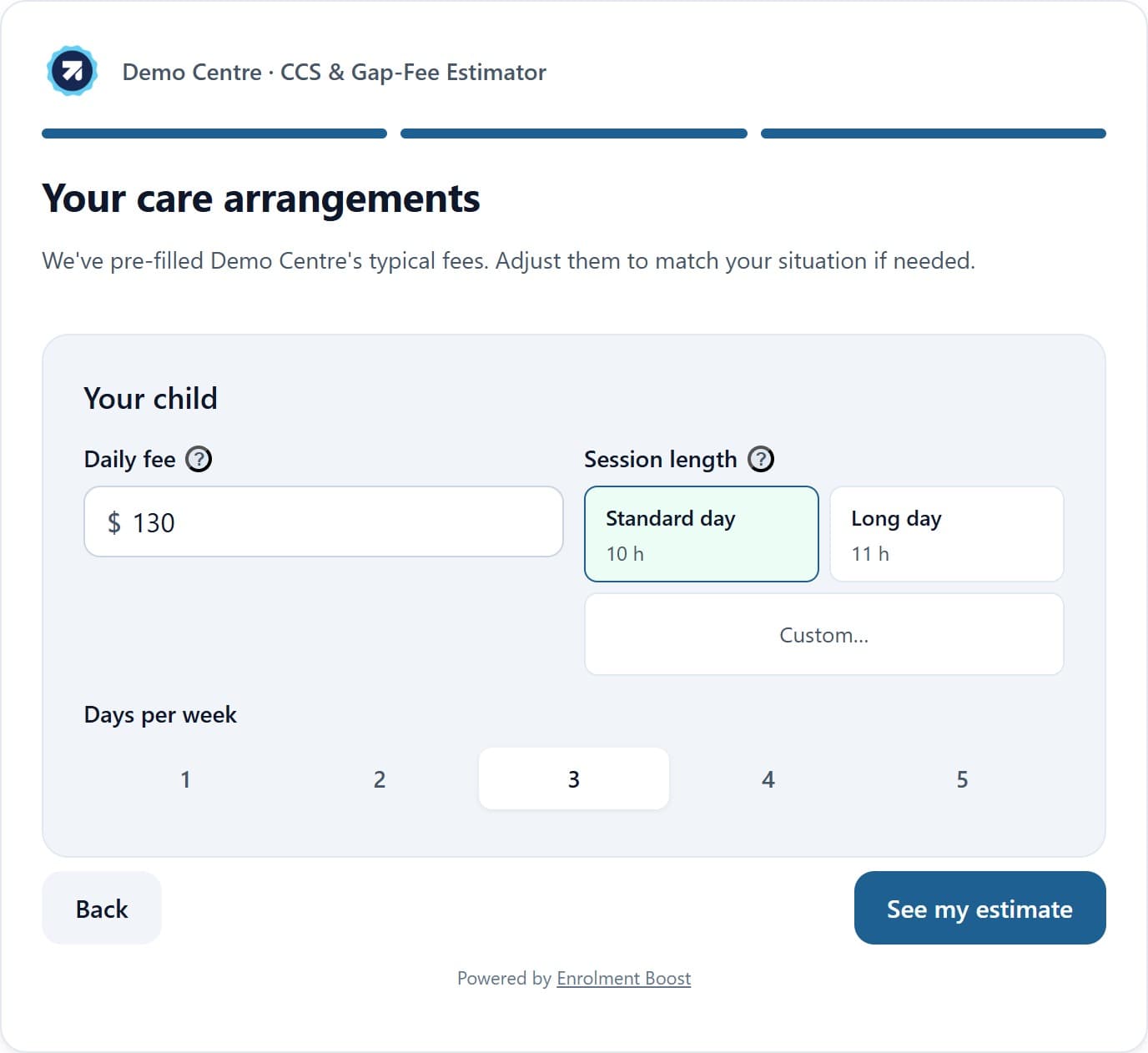 The CCS calculator wizard step three of four, showing care type, days per week, and daily fee inputs.