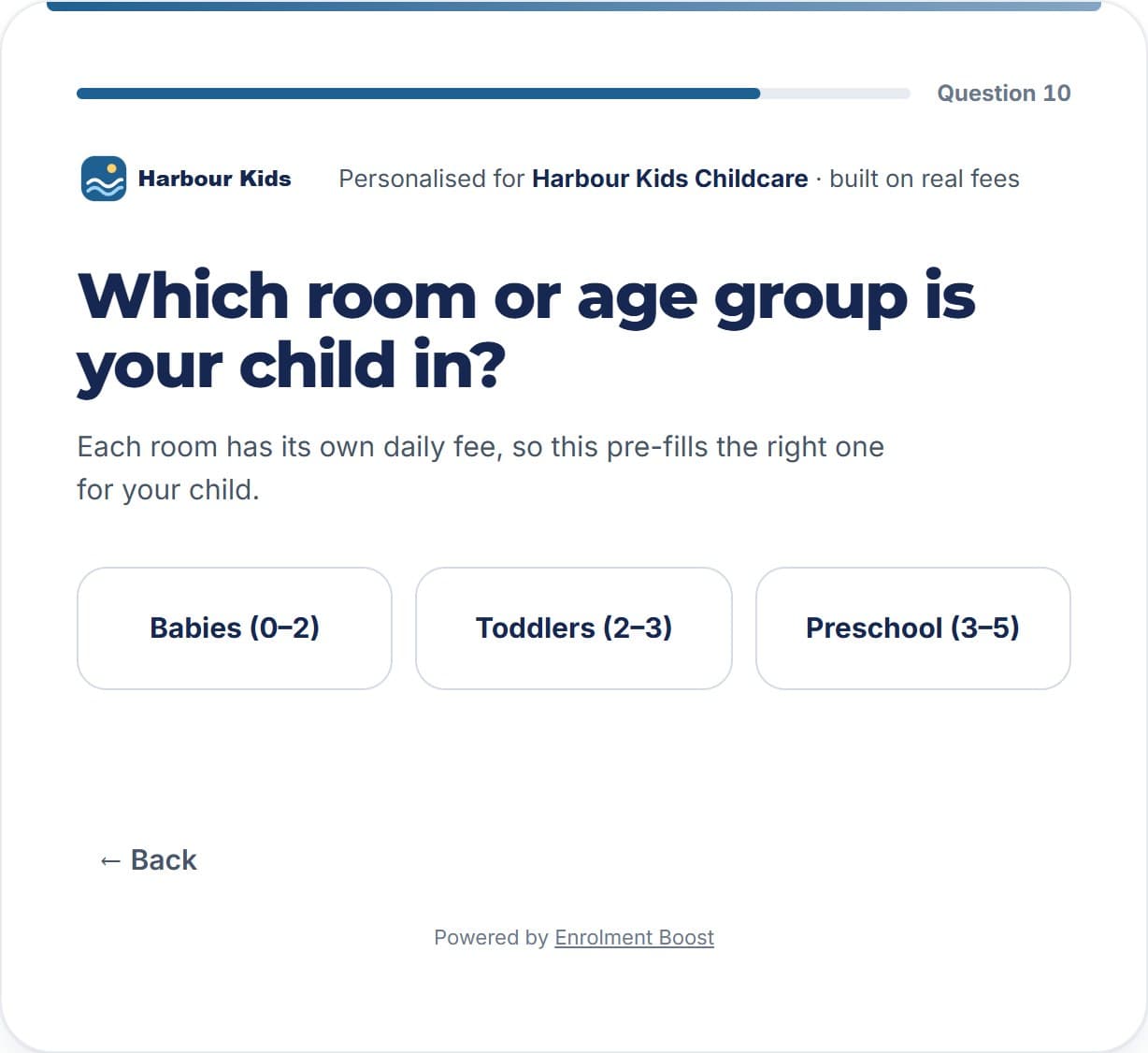 A question from the CCS calculator, asking which room or age group the child is in, with one-tap answer cards.